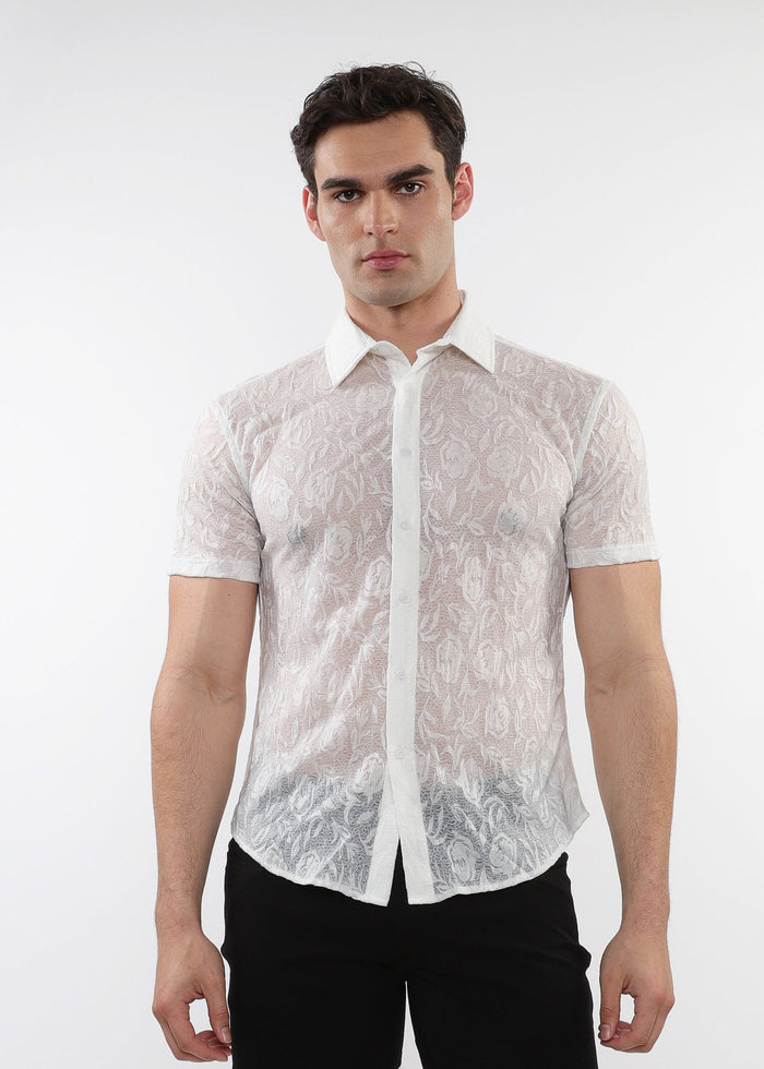 White Roses Leaves Gossamer Knit Short Sleeve Shirt St-24056