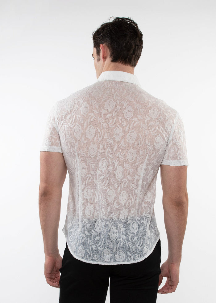 White Roses Leaves Gossamer Knit Short Sleeve Shirt St-24056