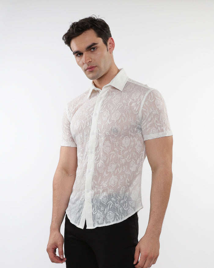 White Roses Leaves Gossamer Knit Short Sleeve Shirt St-24056