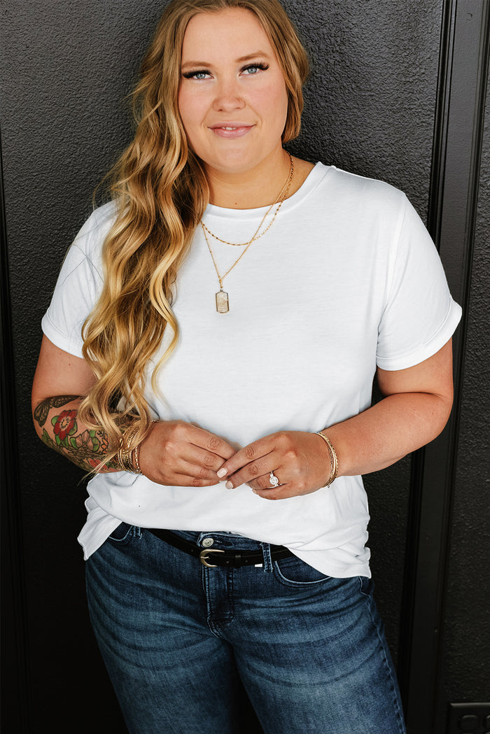 White Round Neck Rolled Sleeve Plus Size T-shirt 🇺🇸