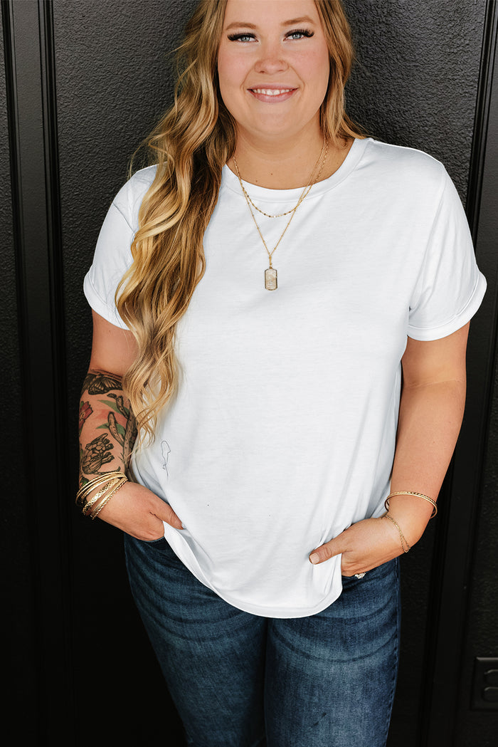 White Round Neck Rolled Sleeve Plus Size T-shirt 🇺🇸