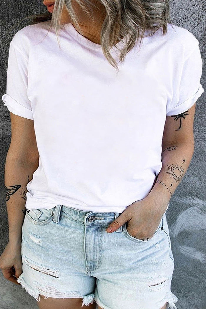 White Round Neck Rolled Sleeve Plus Size T-shirt 🇺🇸
