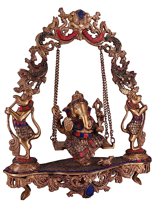 White Whale Brass Lord Ganesha Bhagwan Swing Ganesh Ganpati on Jhoola Jhula with Kirtimukha at Top for Home Décor