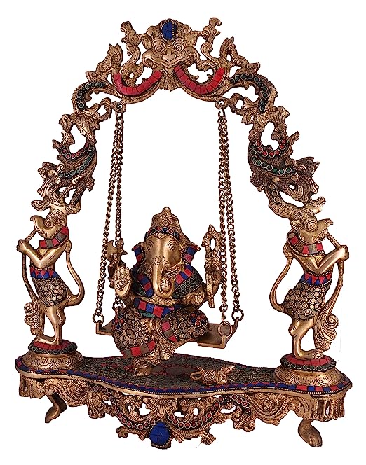 White Whale Brass Lord Ganesha Bhagwan Swing Ganesh Ganpati on Jhoola Jhula with Kirtimukha at Top for Home Décor