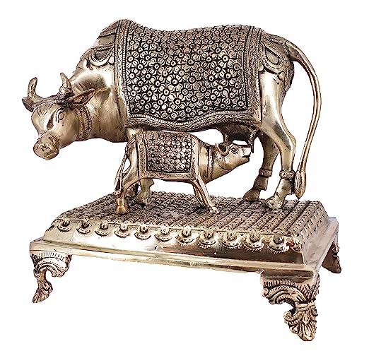 White Whale Large Gold Elegant Kamdhenu Cow and Calf Brass Statue Spiritual Showpiece
