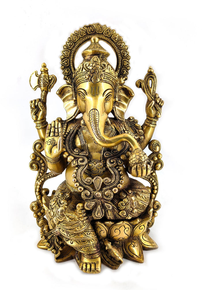 White Whale Large Lord Ganesha Sitting On Lotus Brass Idol Hindu Good Luck God Deity Ganesh Statue -Hindu Ganesha Idol Sculptures Home Décor