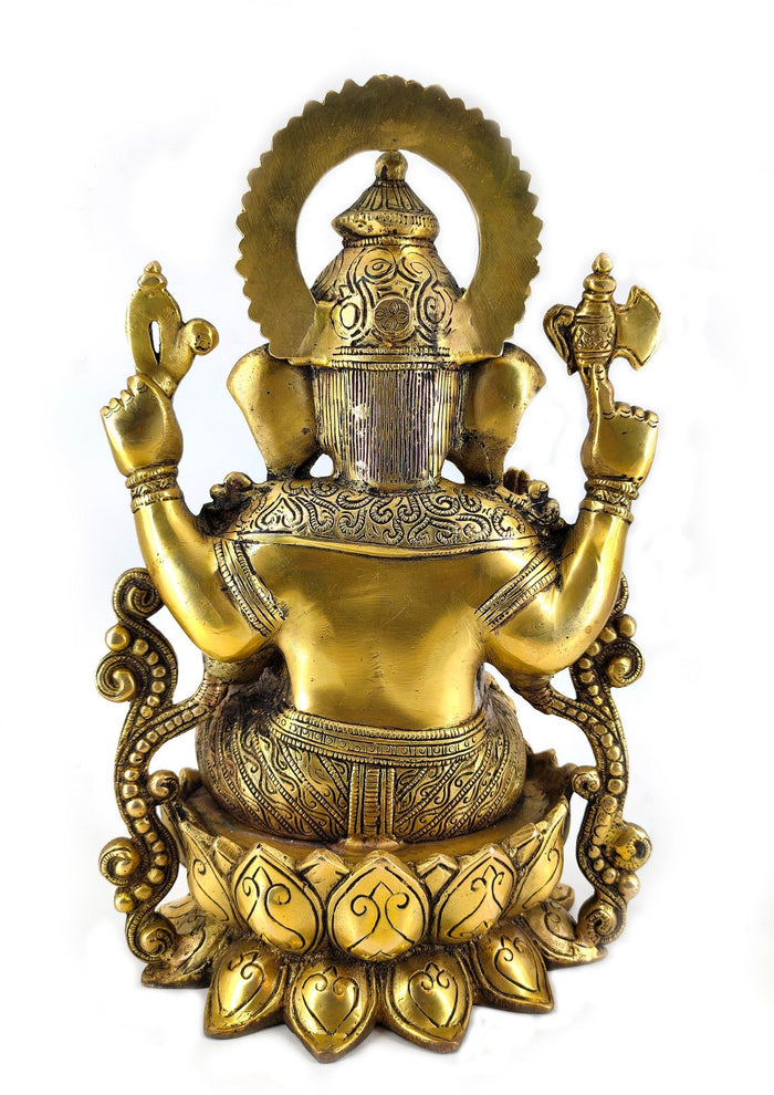White Whale Large Lord Ganesha Sitting On Lotus Brass Idol Hindu Good Luck God Deity Ganesh Statue -Hindu Ganesha Idol Sculptures Home Décor