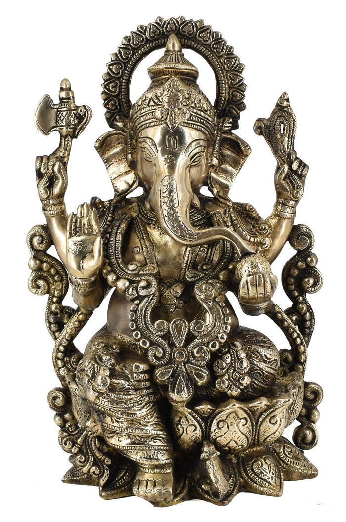 White Whale Large Lord Ganesha Sitting On Lotus Brass Idol Hindu Good Luck God Deity Ganesh Statue -Hindu Ganesha Idol Sculptures Home Décor