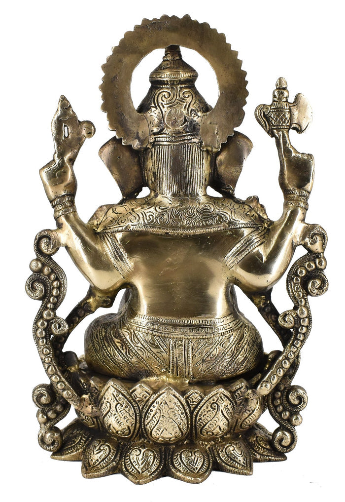 White Whale Large Lord Ganesha Sitting On Lotus Brass Idol Hindu Good Luck God Deity Ganesh Statue -Hindu Ganesha Idol Sculptures Home Décor