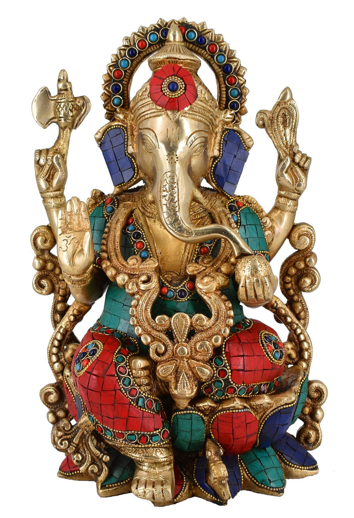 White Whale Large Lord Ganesha Sitting On Lotus Brass Idol Hindu Good Luck God Deity Ganesh Statue -Hindu Ganesha Idol Sculptures Home Décor