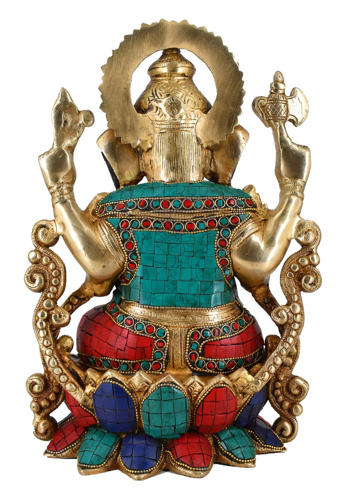 White Whale Large Lord Ganesha Sitting On Lotus Brass Idol Hindu Good Luck God Deity Ganesh Statue -Hindu Ganesha Idol Sculptures Home Décor