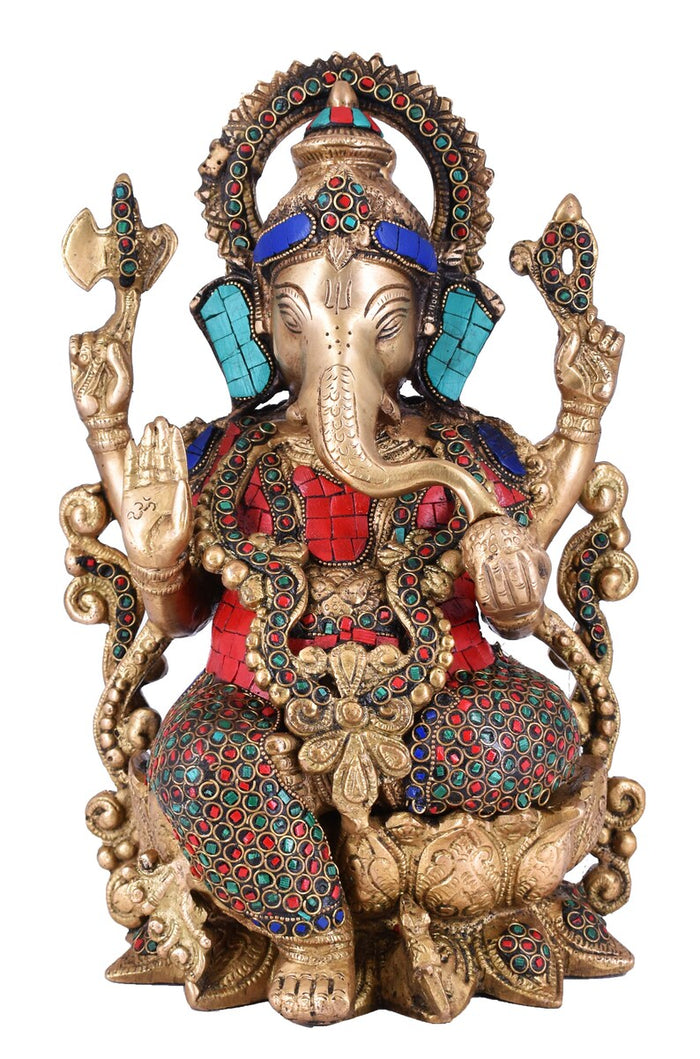 White Whale Large Lord Ganesha Sitting On Lotus Brass Idol Hindu Good Luck God Deity Ganesh Statue -Hindu Ganesha Idol Sculptures Home Décor