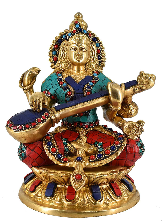 White Whale Maa Saraswati Brass Statue Religious Goddess Sculpture Idol Home Décor