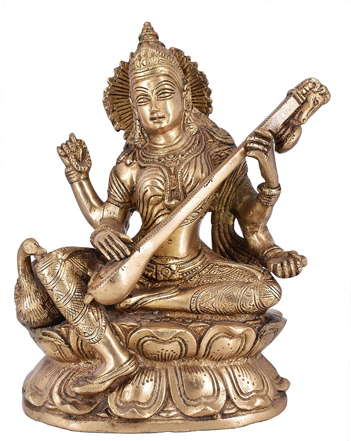 White Whale Maa Saraswati Brass Statue Religious Goddess Sculpture Idol Home Décor