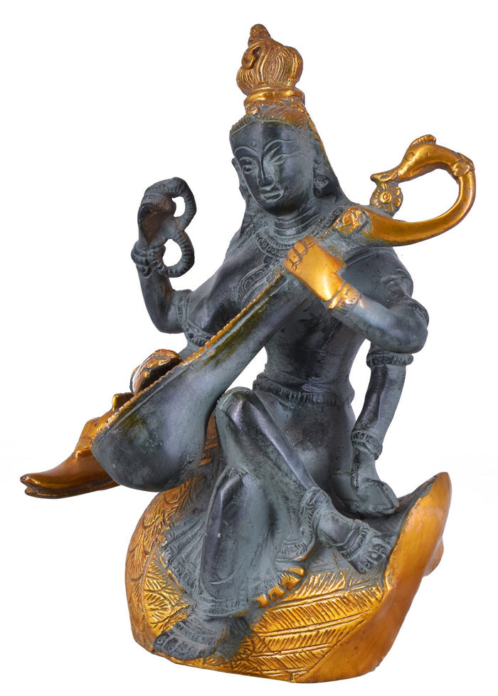 White Whale Maa Saraswati Brass Statue Religious Goddess Sculpture Idol Home Decor
