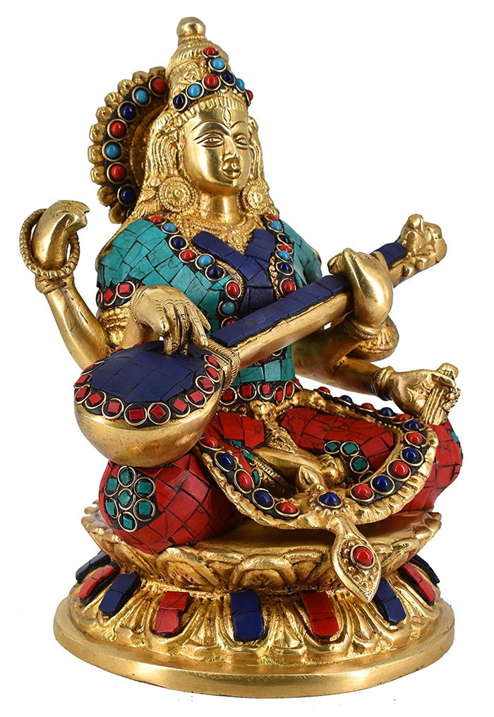 White Whale Maa Saraswati Brass Statue Religious Goddess Sculpture Idol Home Décor