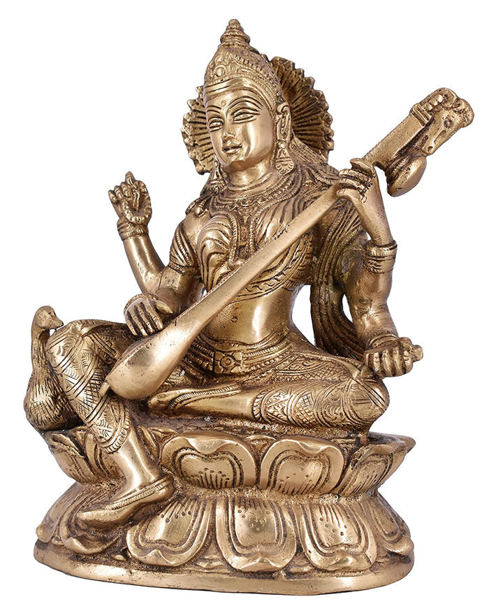 White Whale Maa Saraswati Brass Statue Religious Goddess Sculpture Idol Home Décor