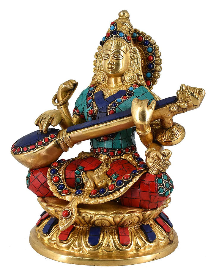 White Whale Maa Saraswati Brass Statue Religious Goddess Sculpture Idol Home Décor