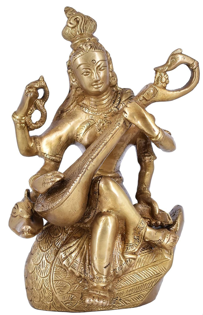 White Whale Maa Saraswati Brass Statue Religious Goddess Sculpture Idol Home Decor
