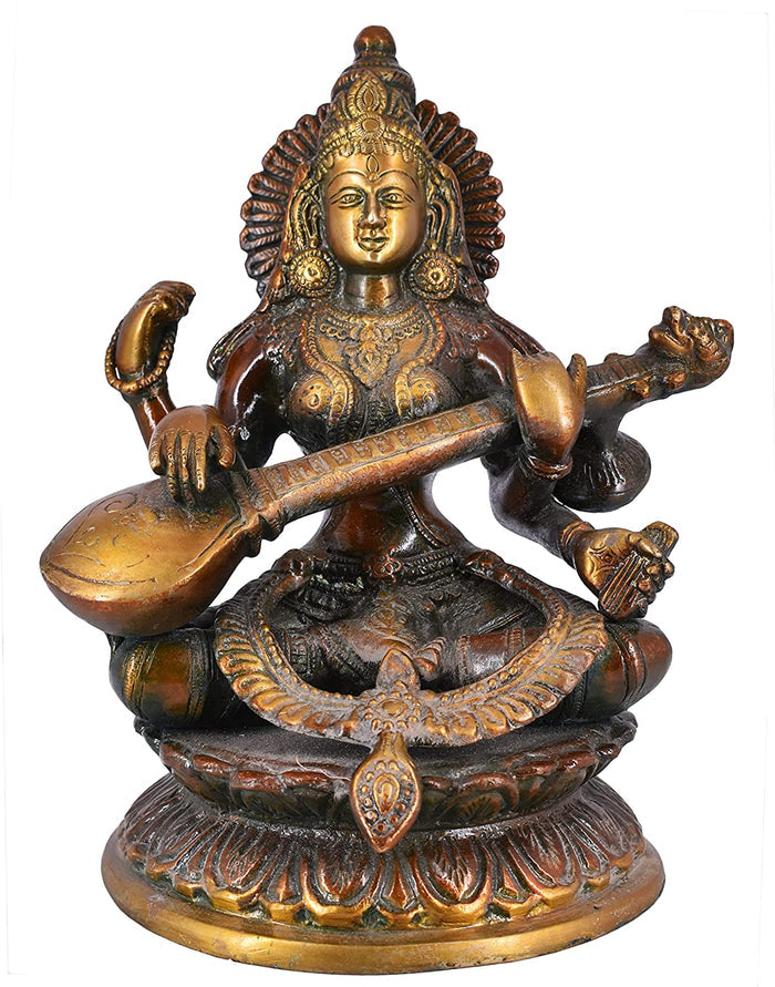 White Whale Maa Saraswati Brass Statue Religious Goddess Sculpture Idol Home Décor