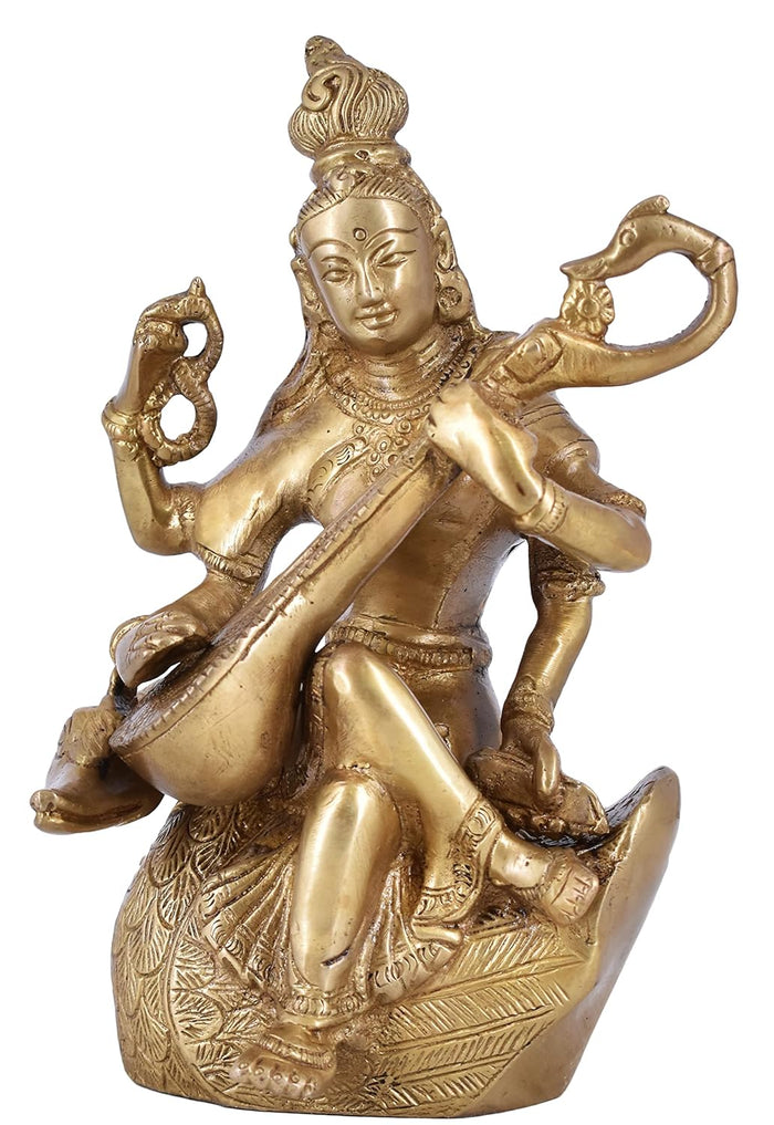 White Whale Maa Saraswati Brass Statue Religious Goddess Sculpture Idol Home Decor