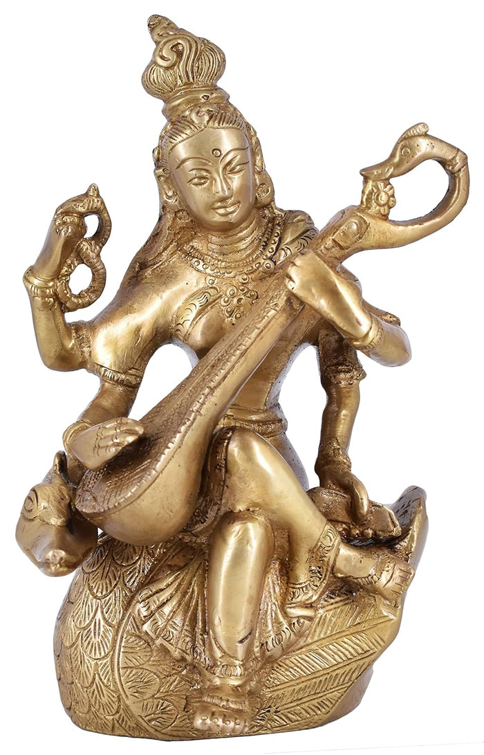 White Whale Maa Saraswati Brass Statue Religious Goddess Sculpture Idol Home Decor