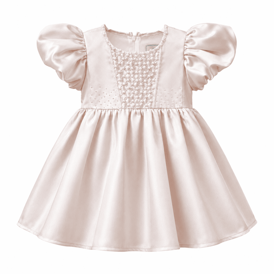A baby girl's formal dress in pale pink satin with puffed sleeves, a textured embroidered yoke, and a flared skirt, shown against a plain white background.