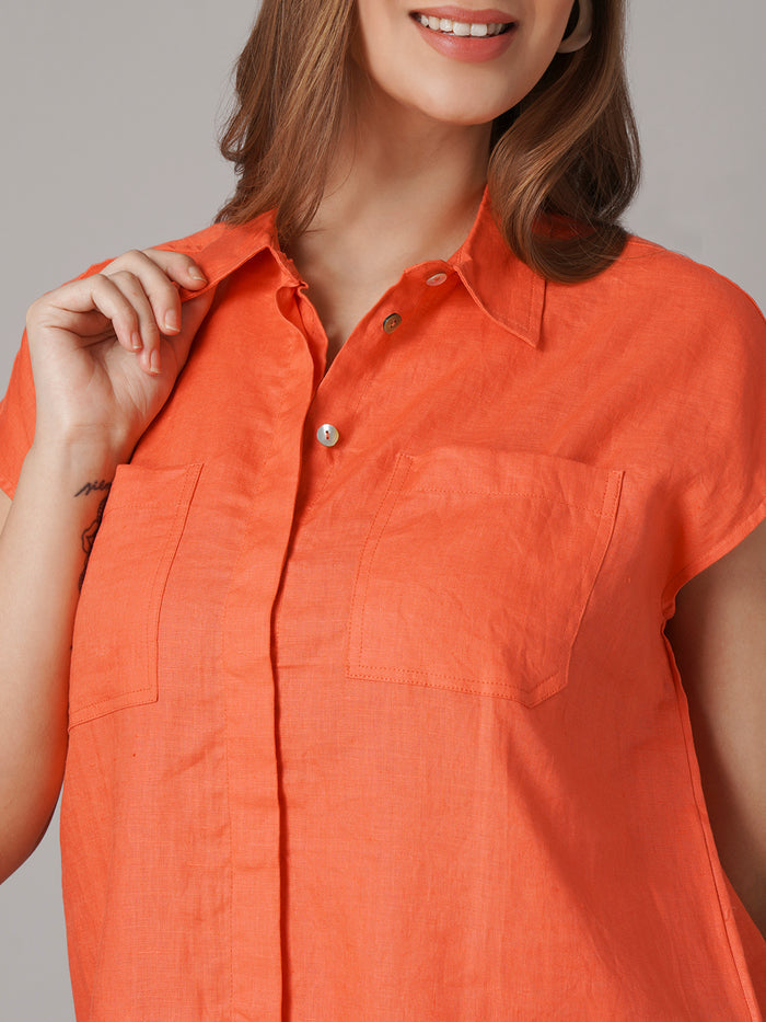Women's 100% Linen Relax Fit Blouse Orange