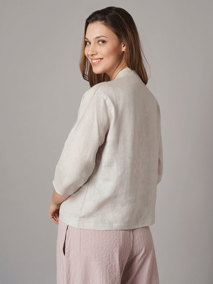 Women's Beige 100% Linen Regular Fit Blouse