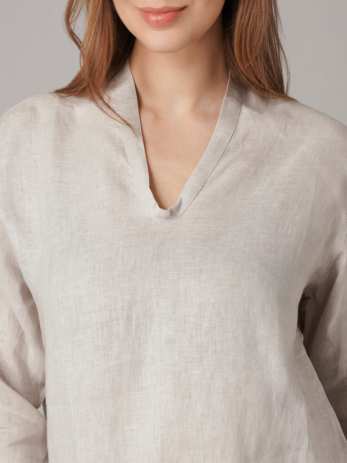 Women's Beige 100% Linen Regular Fit Blouse