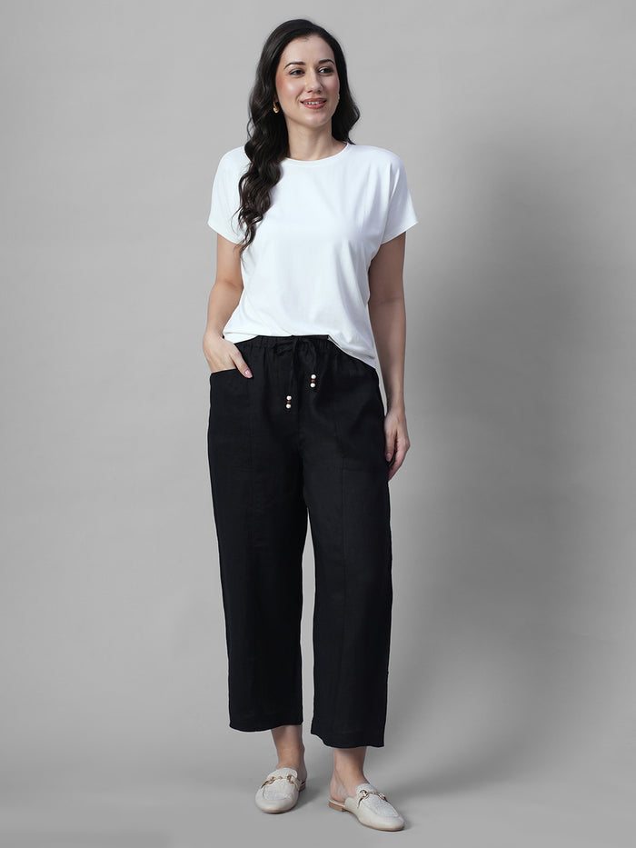 Women's Black 100% Linen Regular Fit Pant