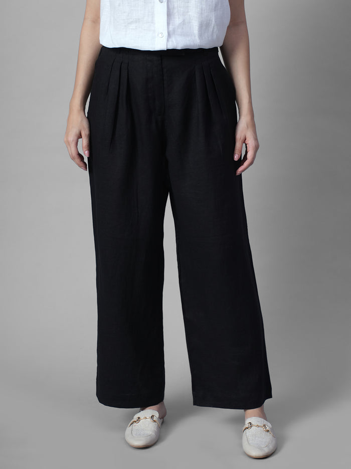 Women's Black 100% Linen Regular Fit Pant