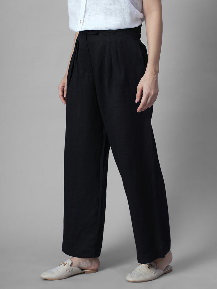 Women's Black 100% Linen Regular Fit Pant