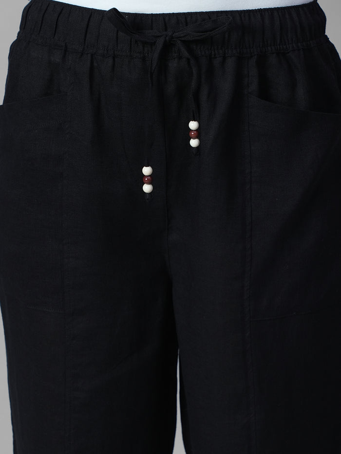 Women's Black 100% Linen Regular Fit Pant