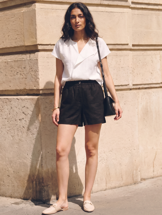 Women's Black 100% Linen Regular Fit Shorts