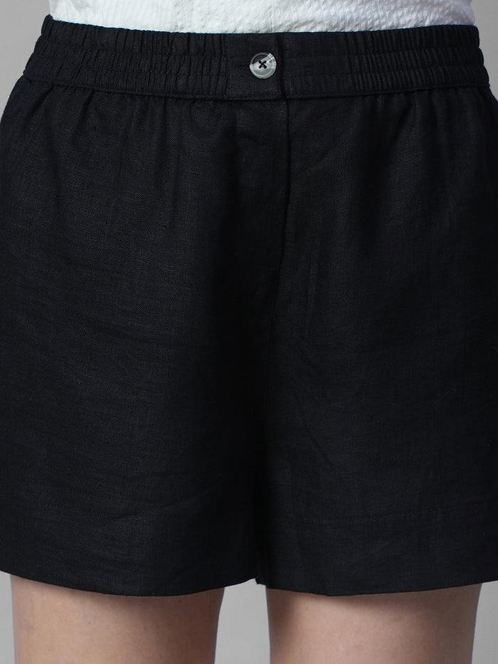 Women's Black 100% Linen Regular Fit Shorts