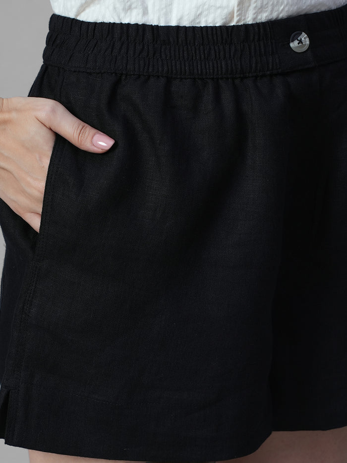 Women's Black 100% Linen Regular Fit Shorts