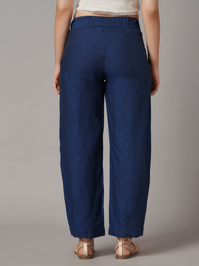 Women's Blue 100% Linen Regular Fit Pant