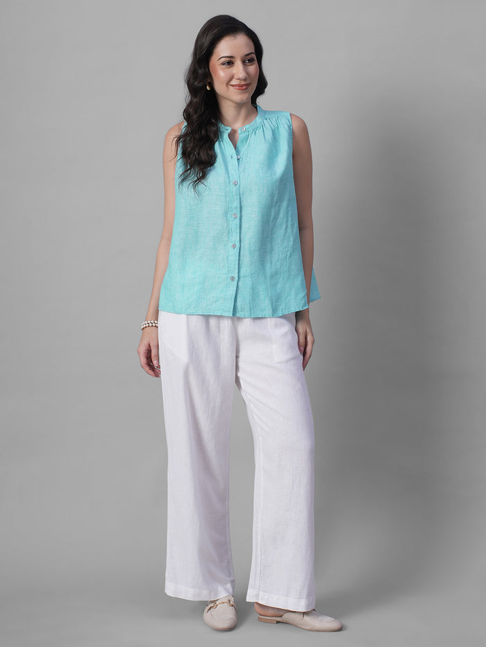 Women's Chambray Blue 100% Linen Regular Fit Blouse