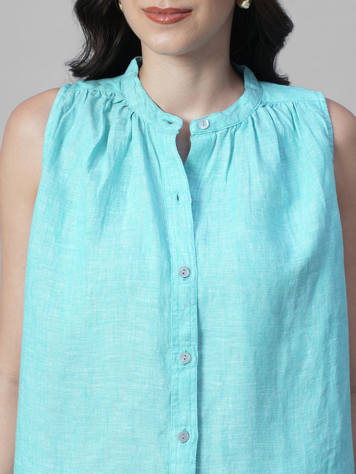 Women's Chambray Blue 100% Linen Regular Fit Blouse