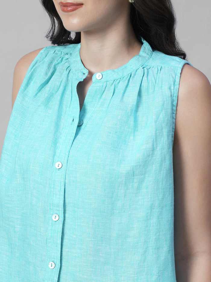 Women's Chambray Blue 100% Linen Regular Fit Blouse
