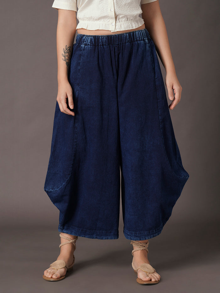 Women's Denim Blue 100% Cotton Wide Leg Pant