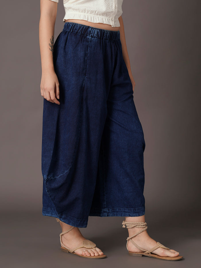 Women's Denim Blue 100% Cotton Wide Leg Pant