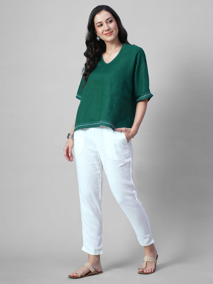 Women's Green 100% Linen Boxy Fit Blouse
