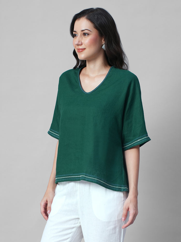 Women's Green 100% Linen Boxy Fit Blouse