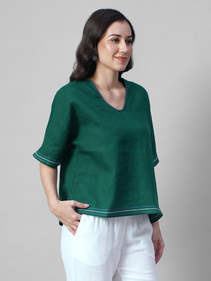 Women's Green 100% Linen Boxy Fit Blouse