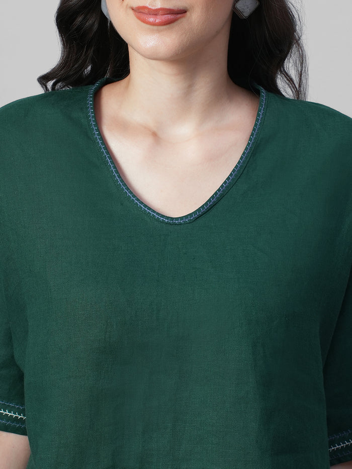 Women's Green 100% Linen Boxy Fit Blouse