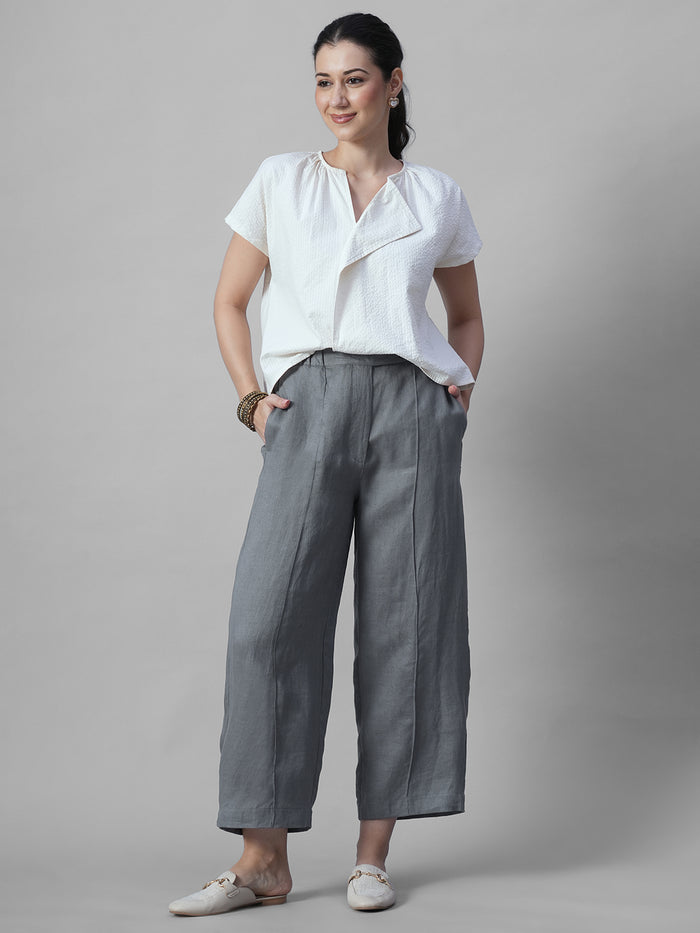 Women's Grey 100% Linen Regular Fit Pant