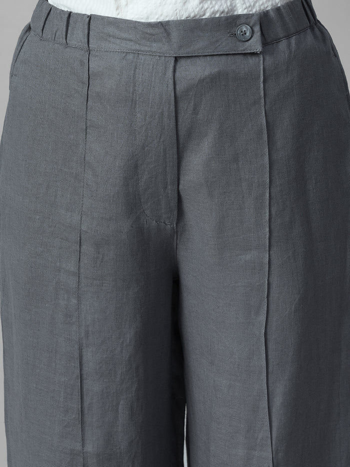 Women's Grey 100% Linen Regular Fit Pant