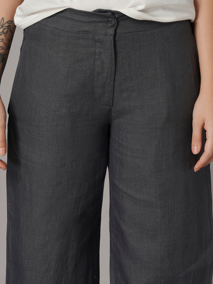 Women's Grey 100% Linen Regular Fit Pant